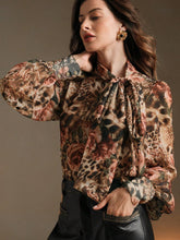 Anewsta Women's Floral & Leopard Print Bow Collar Blouse, Chic & Elegant, Autumn/Winter